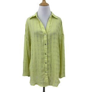 NewIn Shirt Womens M Medium Lime Light Semi Sheer Button Front Johnny Collar